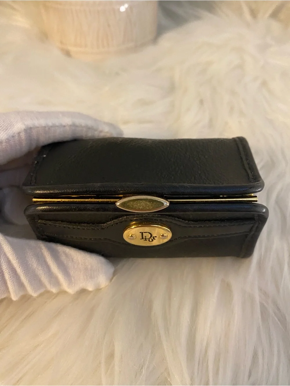 Dior Black Leather Coin Purse with Gold-Tone Logo Vintage beauty!